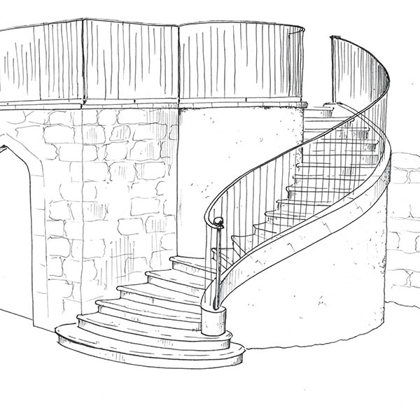 escalier balancé en pierre contre une tour de chateau avec terrasse et orangerie