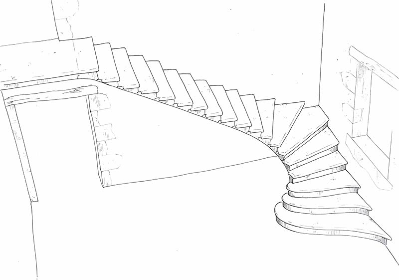 escalier suspendu monumental et balancé en pierre de taille sur mesure quart tournant et petit palier maison ancienne rénovation dessin