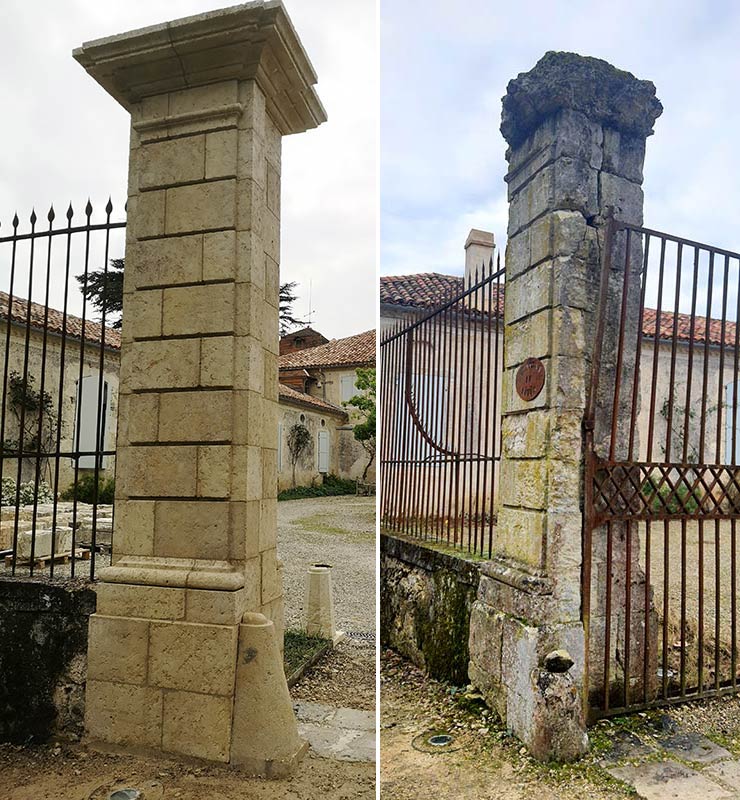après avant du remplacement des piliers de portail anciens en pierre de taille