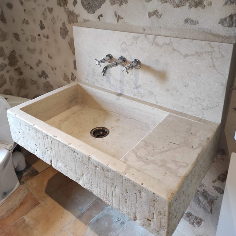 grande vasque évier de salle de bain buanderie en pierre naturelle massive rectangulaire avec 1 égouttoir et une crédence calcaire marbre